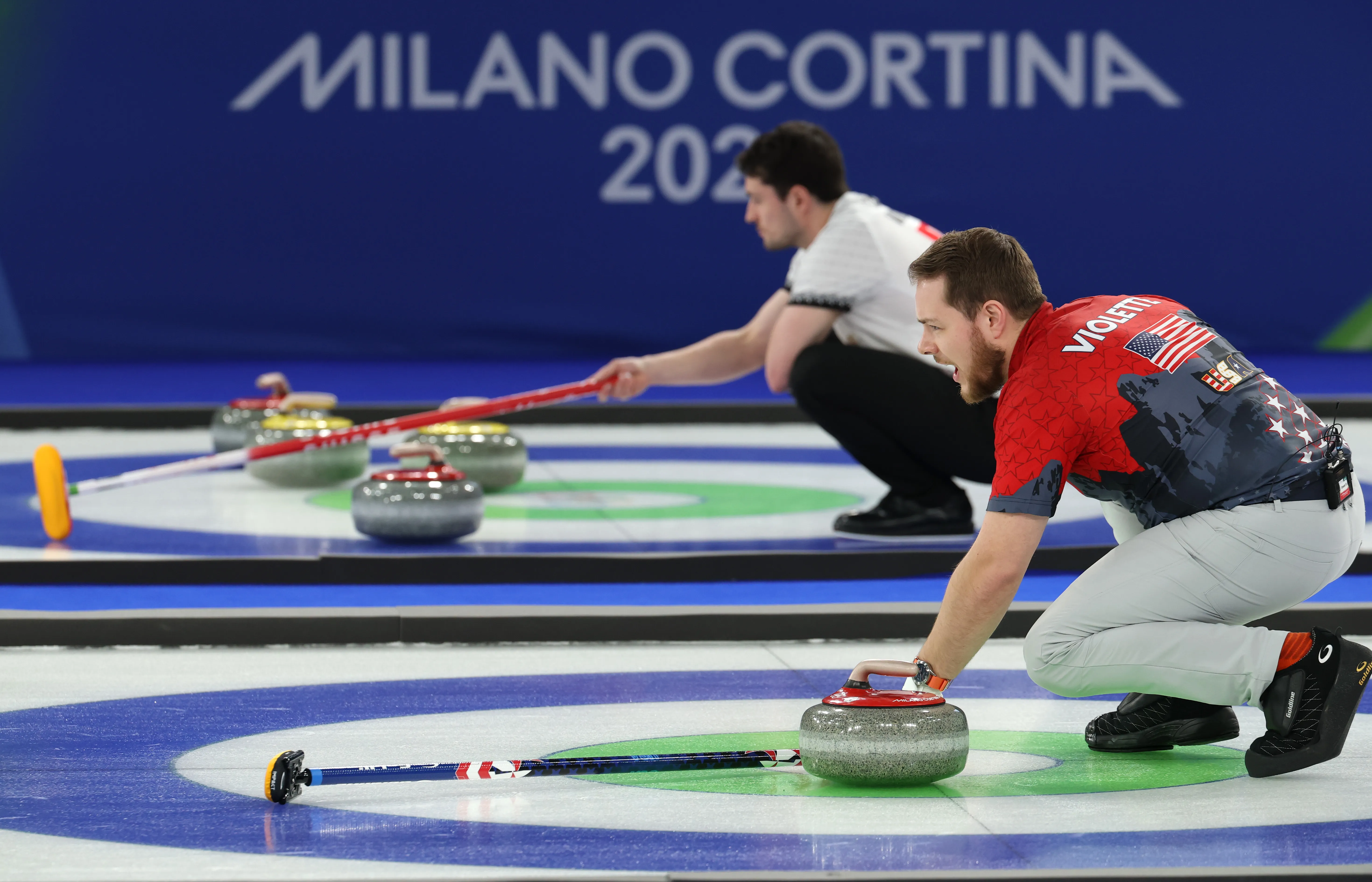Luc Violette of Team United States reacts during Men's Round Robin between Team United States and Team Italy.