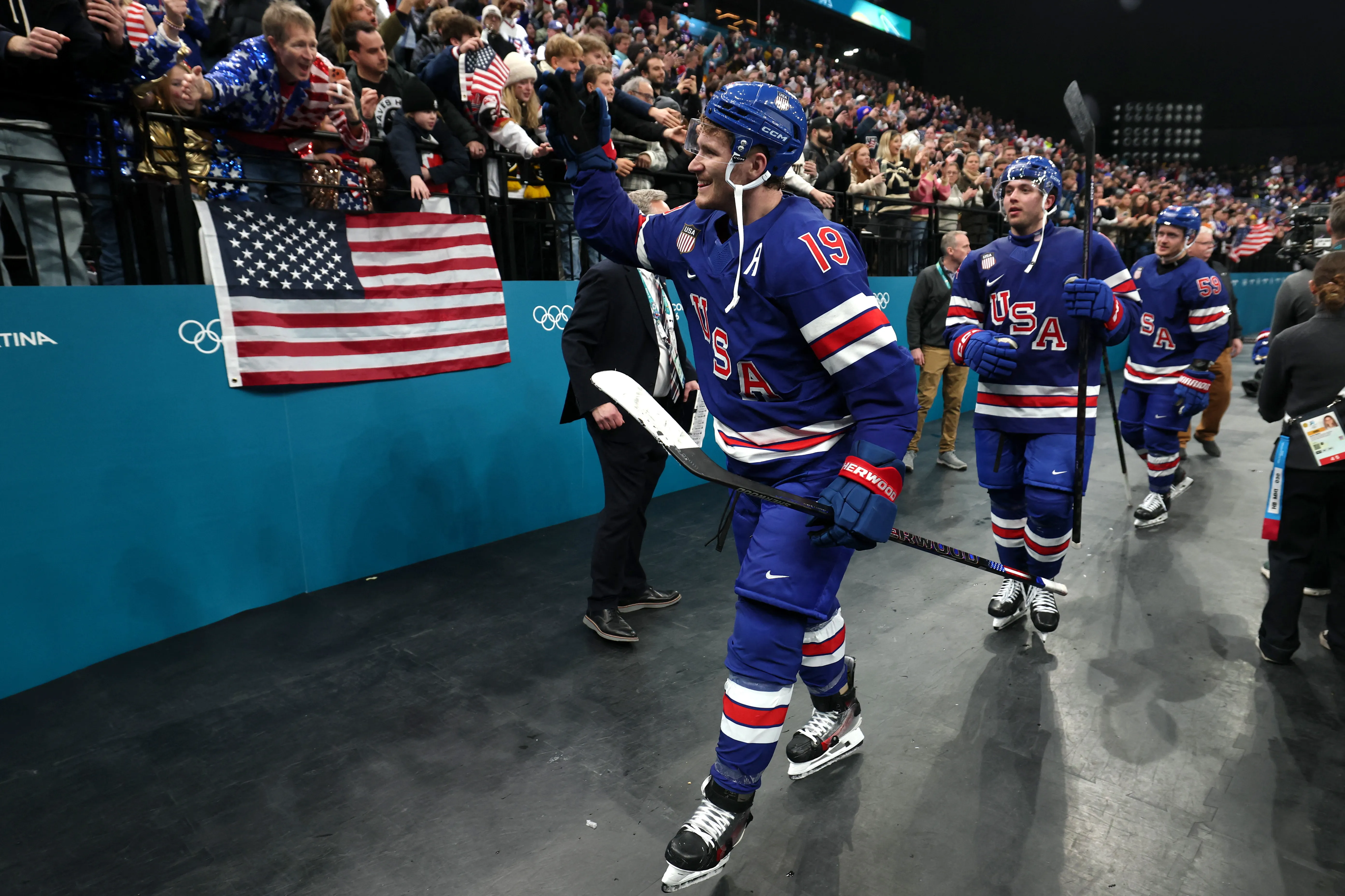 Matthew Tkachuk of USA celebrates after the men's hockey quarterfinal against Sweden. 