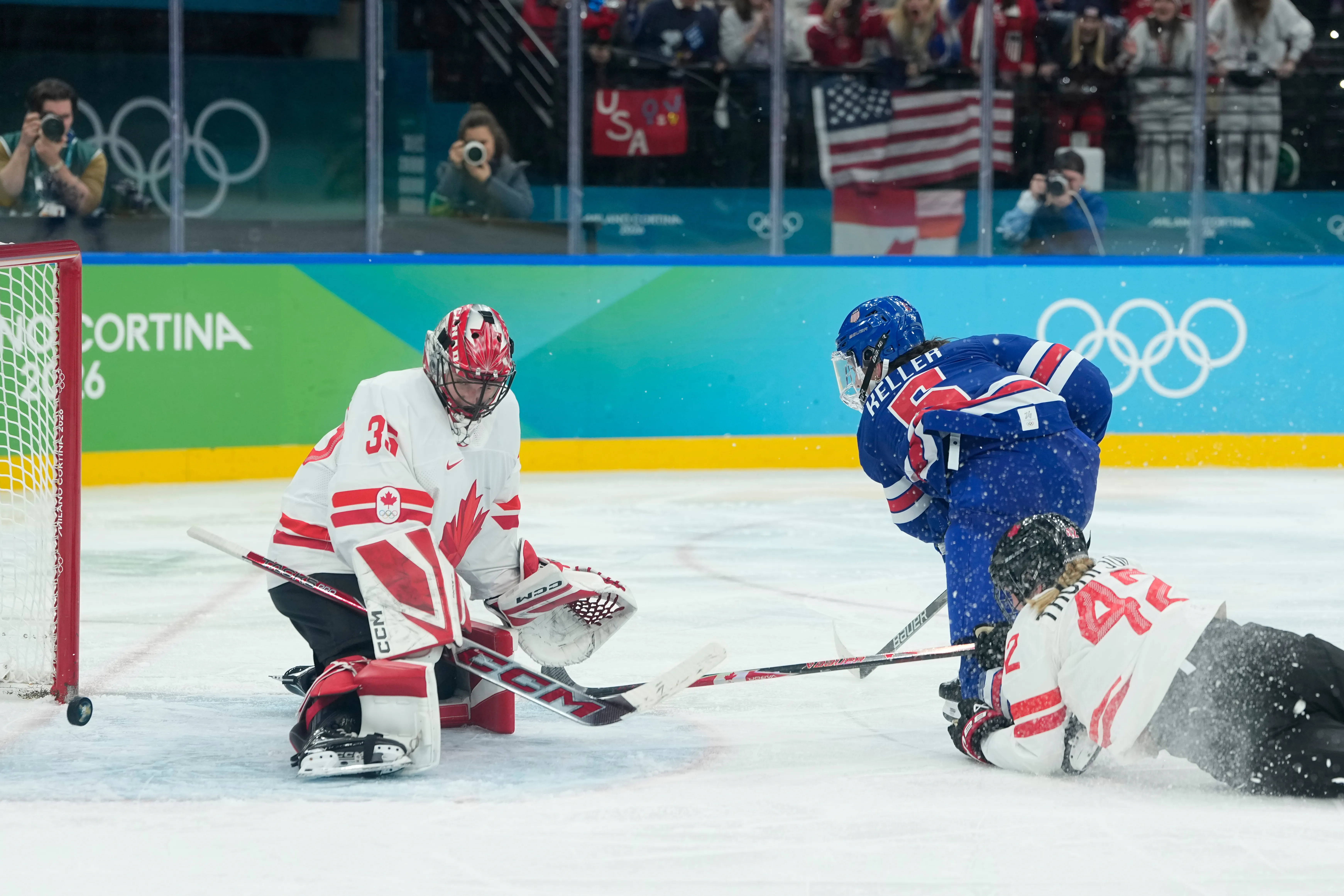 United States’ Megan Keller (5) scores past Canada’s Ann-Renee Desbiens...