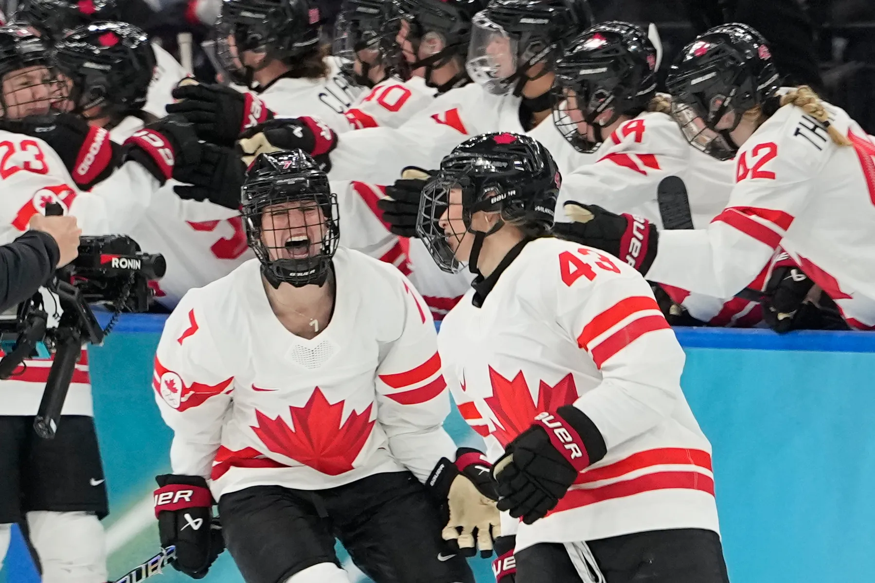 Canada’s Kristin O’Neill (43) celebrates after scoring her side’s opening...