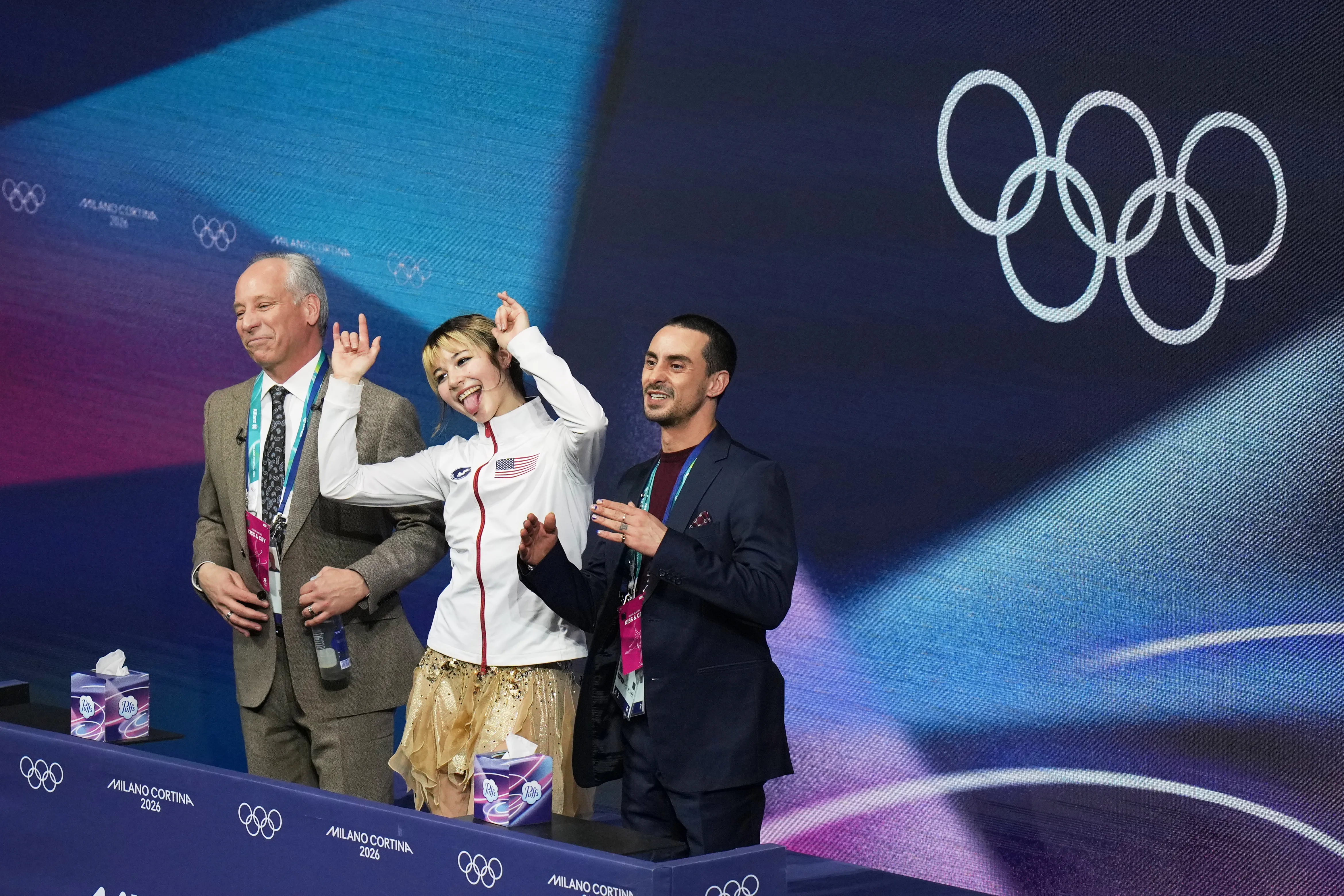 Alysa Liu of the United States reacts to her score...
