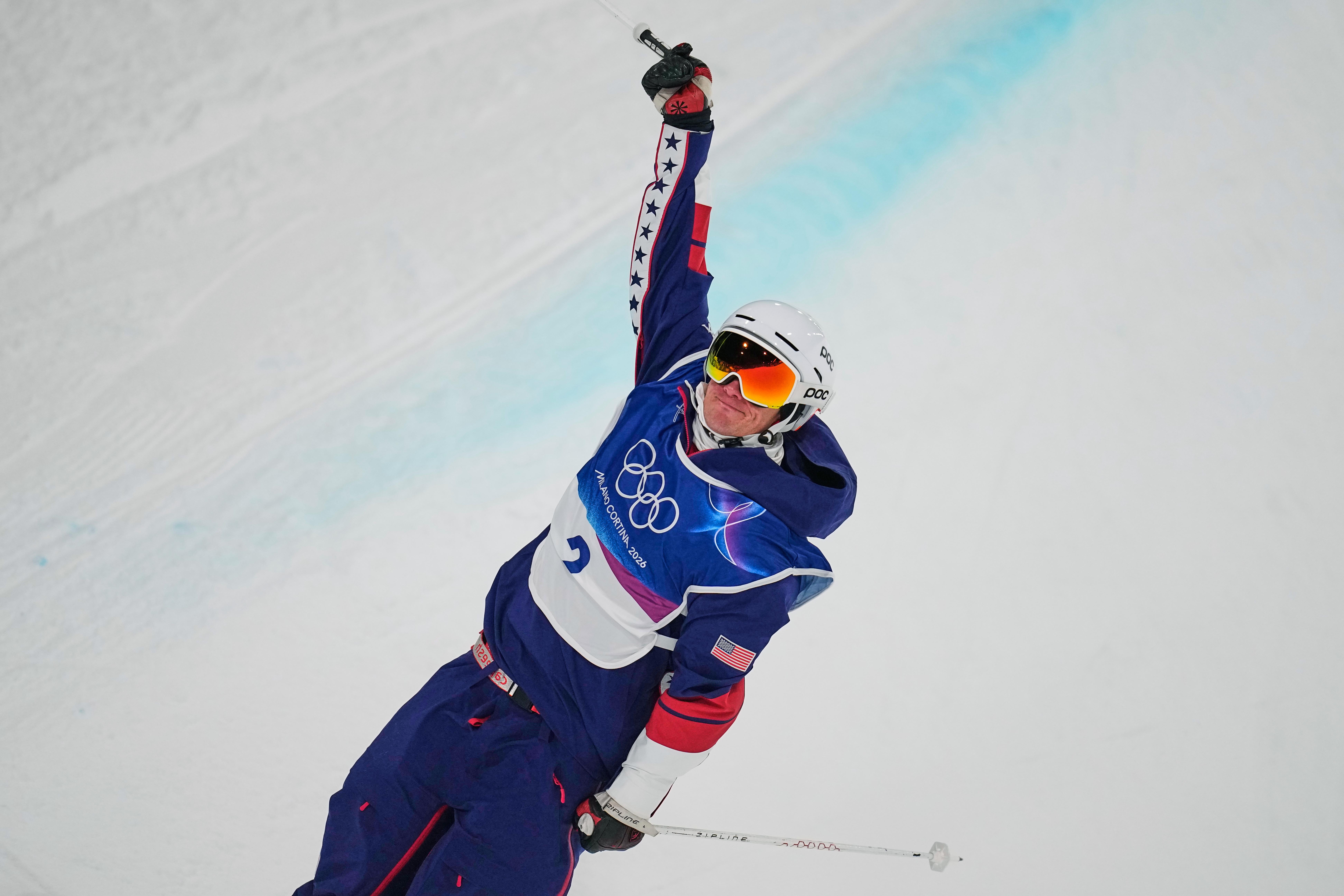 United States’ Alex Ferreira reacts during the men’s freestyle skiing...
