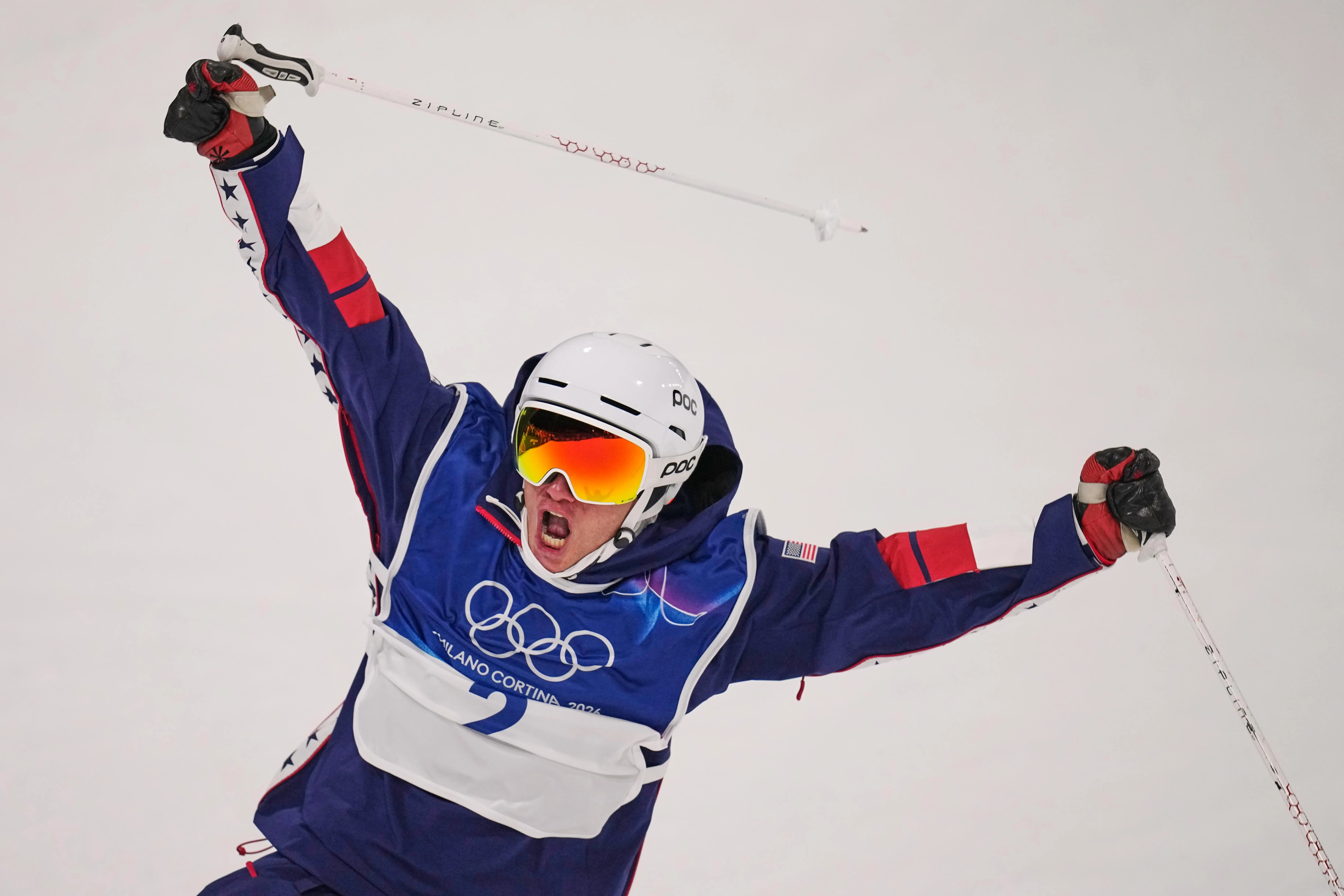 United States’ Alex Ferreira reacts during the men’s freestyle skiing...