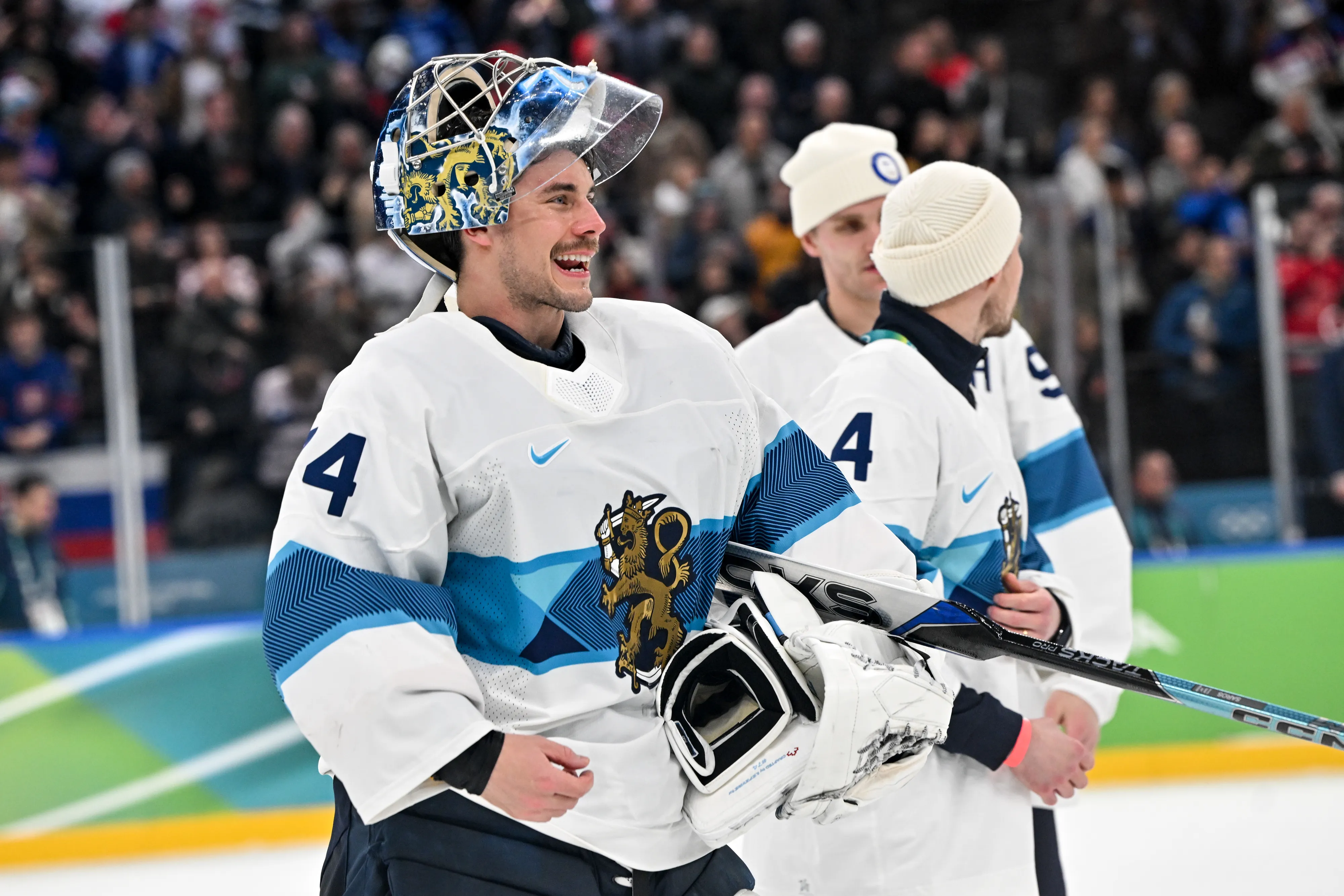 Goalkeeper Juuse Saros of Finland celebrates victory during the Ice Hockey Men's Bronze Medal Game match between Slovakia and Finland.