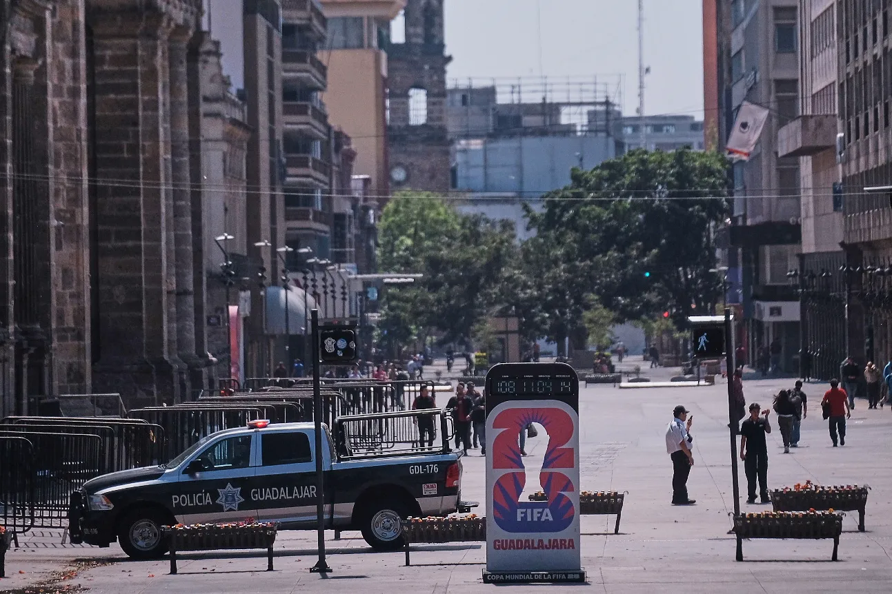 Police officers stand guard in downtown Guadalajara, Jalisco state, Mexico.