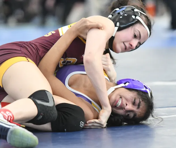 South Windsor's Sophia Gordon wins her second State Open girls wrestling title with a pin over Isha Khanna of Westhill Saturday afternoon at the State Open championships at Floyd Little Athletic Center in New Haven. (Photo by Lori Riley)