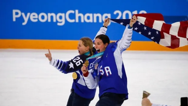 United States' Kendall Coyne, left, and Hilary Knight, who graduated from Choate Rosemary Hall in Wallingford, celebrate after winning the women's gold medal hockey game against Canada in 2018.