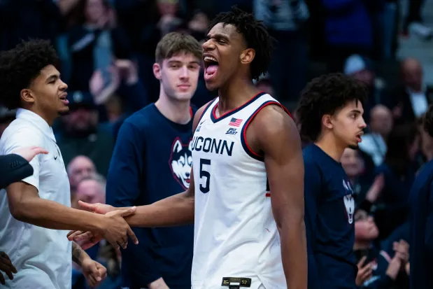 UConn center Tarris Reed Jr. reacts during the second half of an NCAA men's basketball game against the St. John's Red Storm at PeoplesBank Arena on February 25, 2026 in Hartford, Connecticut. (Photo by Joe Buglewicz/Getty Images)