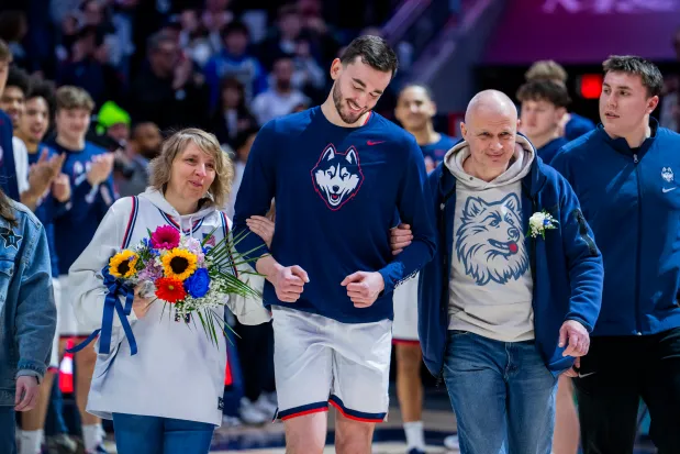 UConn's Alex Karaban is honored during Senior Day celebrations before an NCAA men's basketball game against the Seton Hall Pirates at Harry A. Gampel Pavilion on February 28, 2026 in Storrs, Connecticut. (Joe Buglewicz/Getty Images)