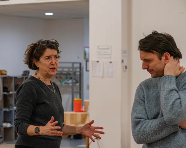 Director Melia Bensussen actor Samuel H. Levine (who plays Biff in the play) in rehearsal for the Hartford Stage production of "Death of a Salesman." (Lucas Clopton)