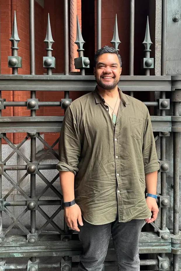 Samoan tenor Pene Pati poses outside of the Park Avenue Armory in New York on Sept. 25, 2025. (AP Photo/Ron Blum)