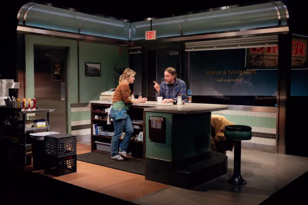 Justis Bolding and Tim DeKay in the TheaterWorks Hartford production of Meghan Kennedy's diner drama "The Counter." The impressive set design is by Tijana Bjelajac. (Julian Barlow)