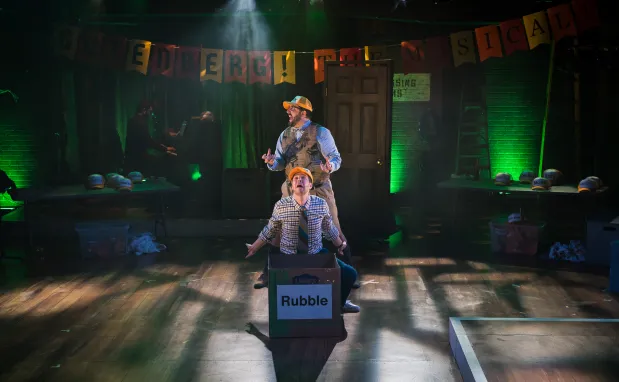 A florid dramatic moment from "Gutenberg! The Musical!" (Meredith Longo)