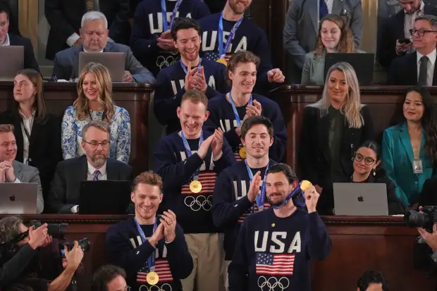 Members of the United States' hockey team attend as President Donald Trump delivers the State of the Union address