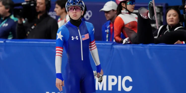 Kristen Santos-Griswold, of Fairfield, penalized and disqualified from speed skating semifinals