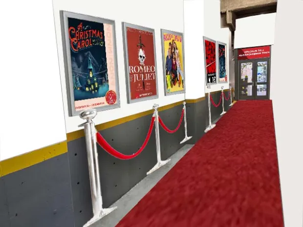 A rendering shows how a drab hallway leading from the first floor of the city-owned MAT Garage in downtown Hartford to the entrance of the Hartford Stage will be spruced up with a theater theme. (Handout)