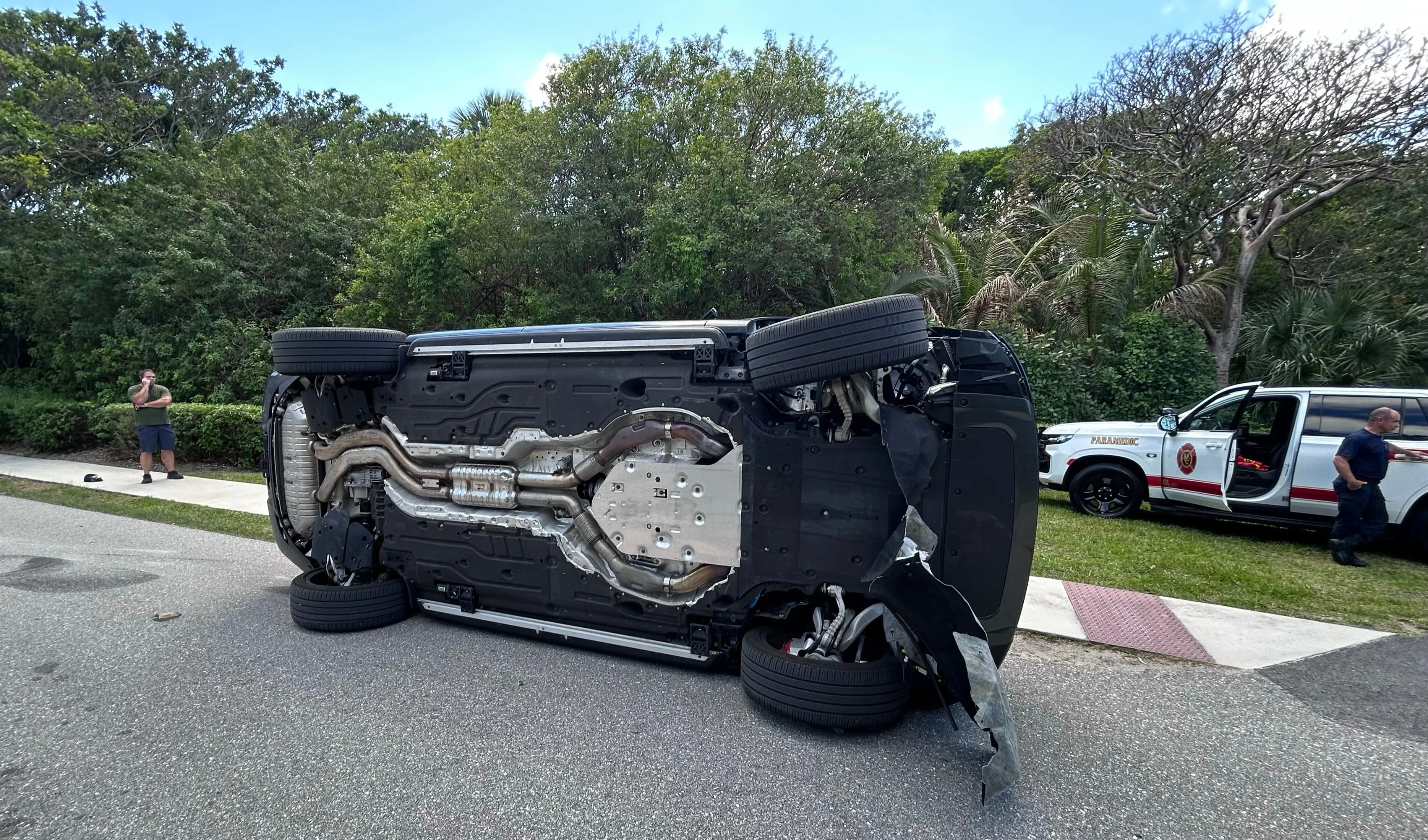 Overturned vehicle in the crash involving Tiger Woods.