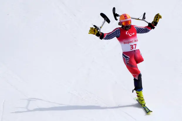 Patrick Halgren of the United States reacts after competing in the men's slalom at the 2022 Winter Paralympics.