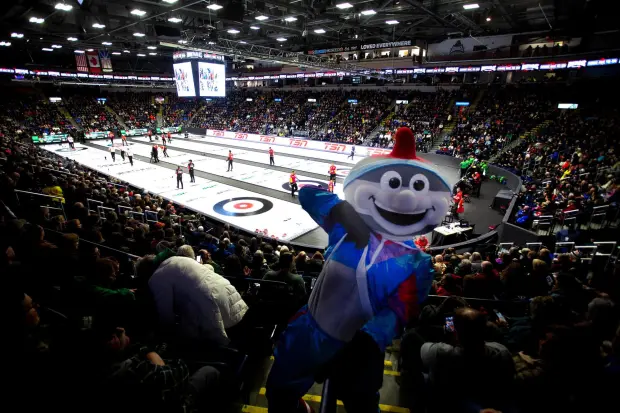 Slider, the official mascot of the tournament, interacts in the crowd during Draw 5 at the Brier curling event in St. John's, Newfoundland and Labrador, Sunday, March 1, 2026. (Paul Daly/The Canadian Press via AP)