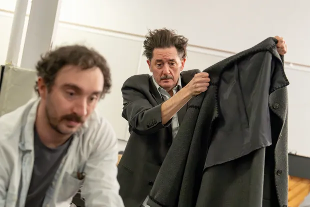 Will Dagger (left) as Dudard and Reg Rogers as Berenger rehearsing "Rhinoceros" at Yale Repertory Theatre. Ionesco's classic anti-Fascist comedy runs March 6-28. (Joan Marcus)