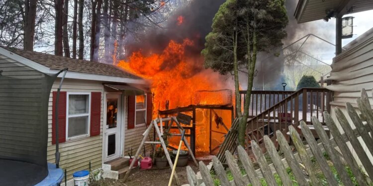 Crews battle Saturday afternoon shed fire in Naugatuck