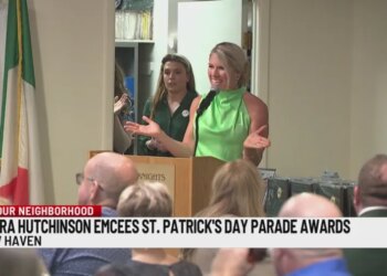 News 8’s Laura Hutchinson emcees Greater New Haven Saint Patrick’s Day Parade awards