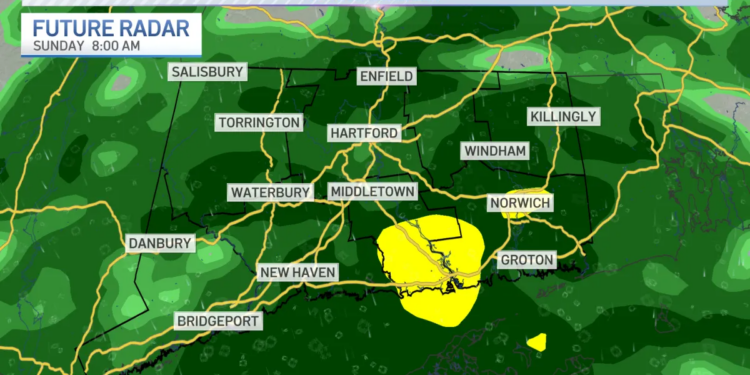 Rain persists through a chilly Sunday, finally dry by Monday afternoon