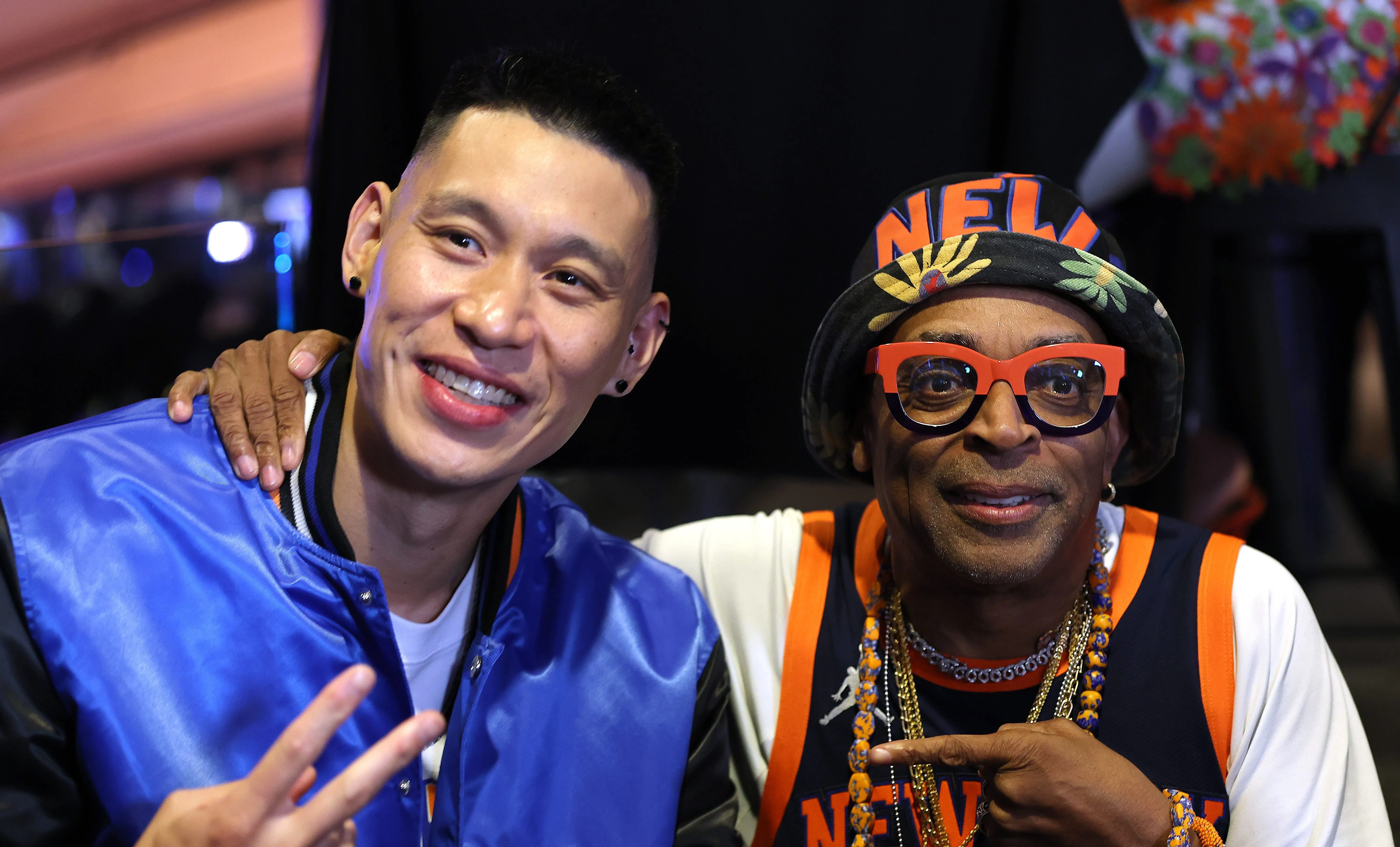Former New York Knicks player Jeremy Lin and director Spike Lee pose.