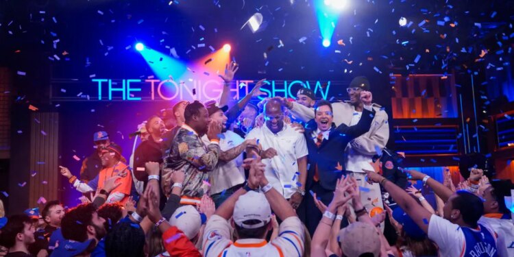 Knicks celebrate Finals win on ‘Tonight Show,' raise Fallon's lucky game shoe to the rafters