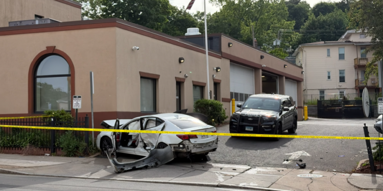 New Britain police investigating shooting after vehicle crashes into EMS headquarters