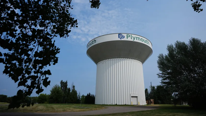 A water tower is seen Thursday, July 30, 2026, in Plymouth, Minn.