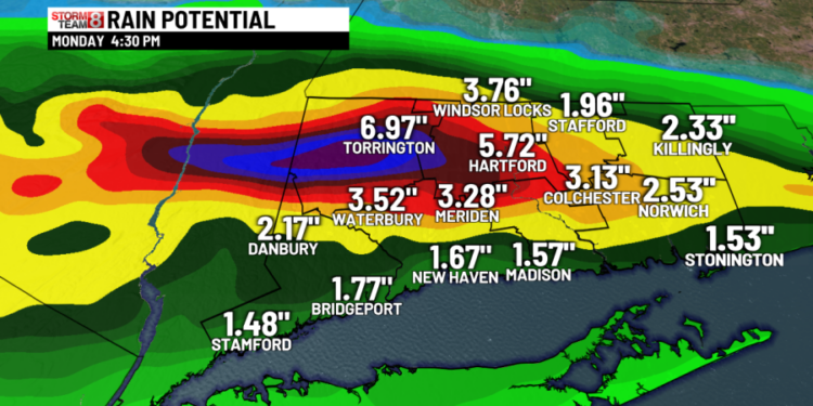 Parts of Connecticut could see nearly 7 inches of rain Monday