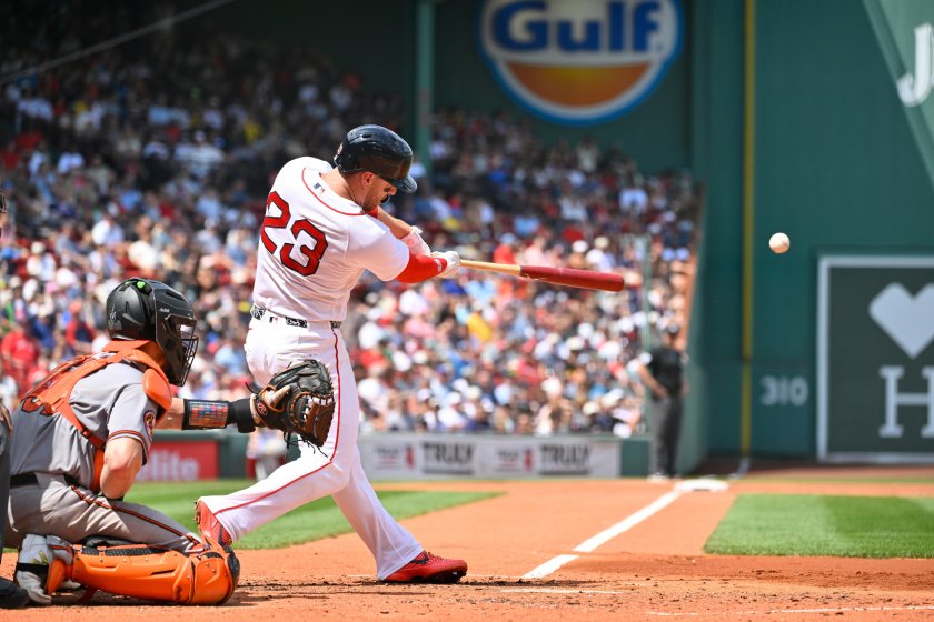 Boston Red Sox second baseman Romy Gonzalez hits a double against the Baltimore Orioles during the third inning at Fenway Park on Wednesday, July 22, 2026. The Red Sox won the game, tying the franchise win streak record at 15 games.