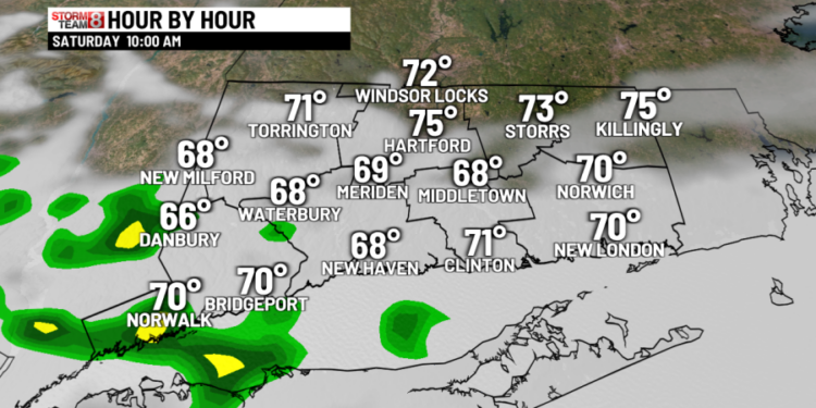 Turning less humid with a stray shower possible today